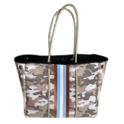 Neoprene Tote Bag Camo Tan Sky & Rose Gold Sripes by Dallas Hill Design