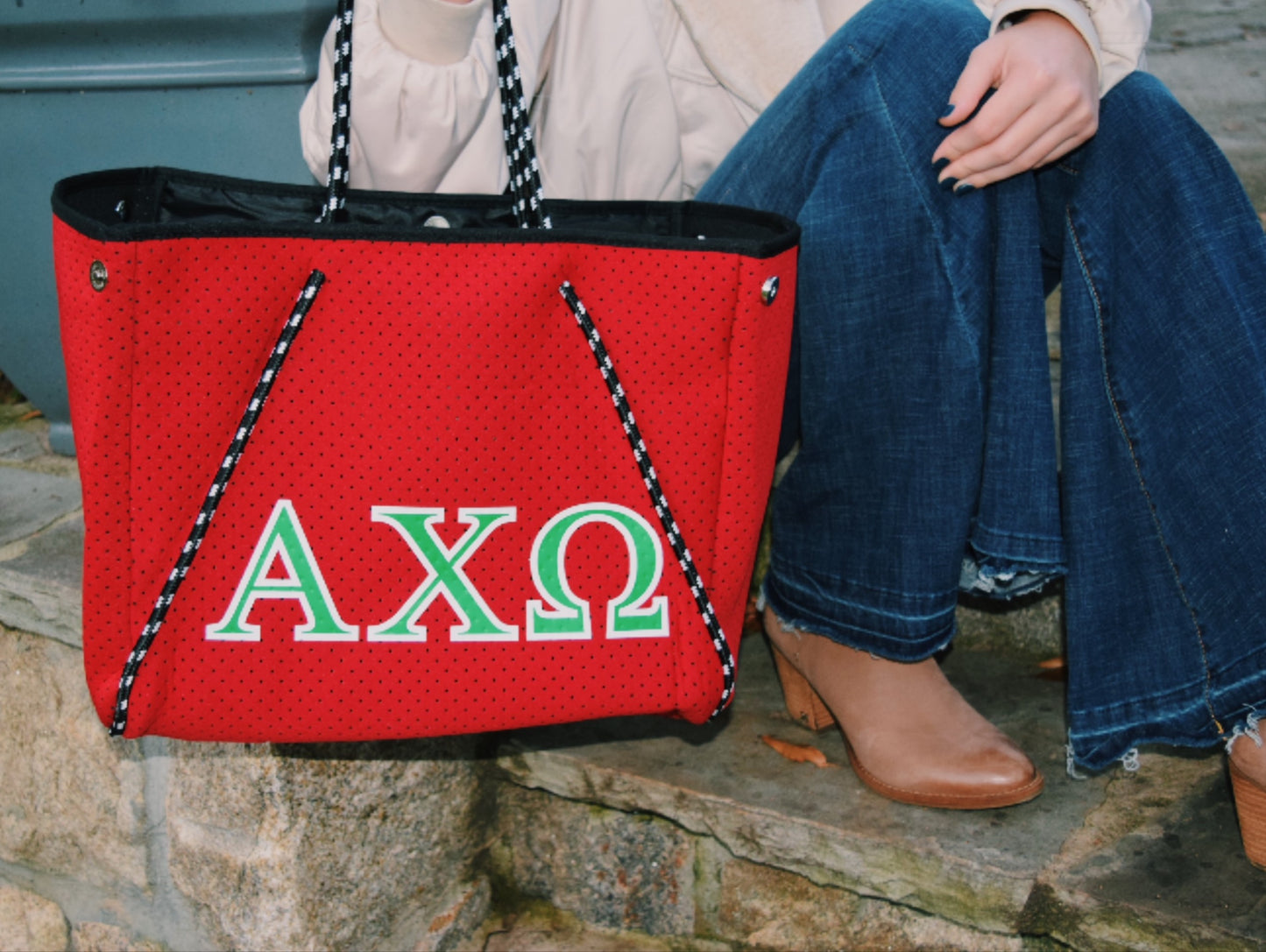 Chi Omega Sorority Gift Bid Day Recruitment Neoprene Tote Bags School Overnight Gym Travel Beach Sister Dallas Hill