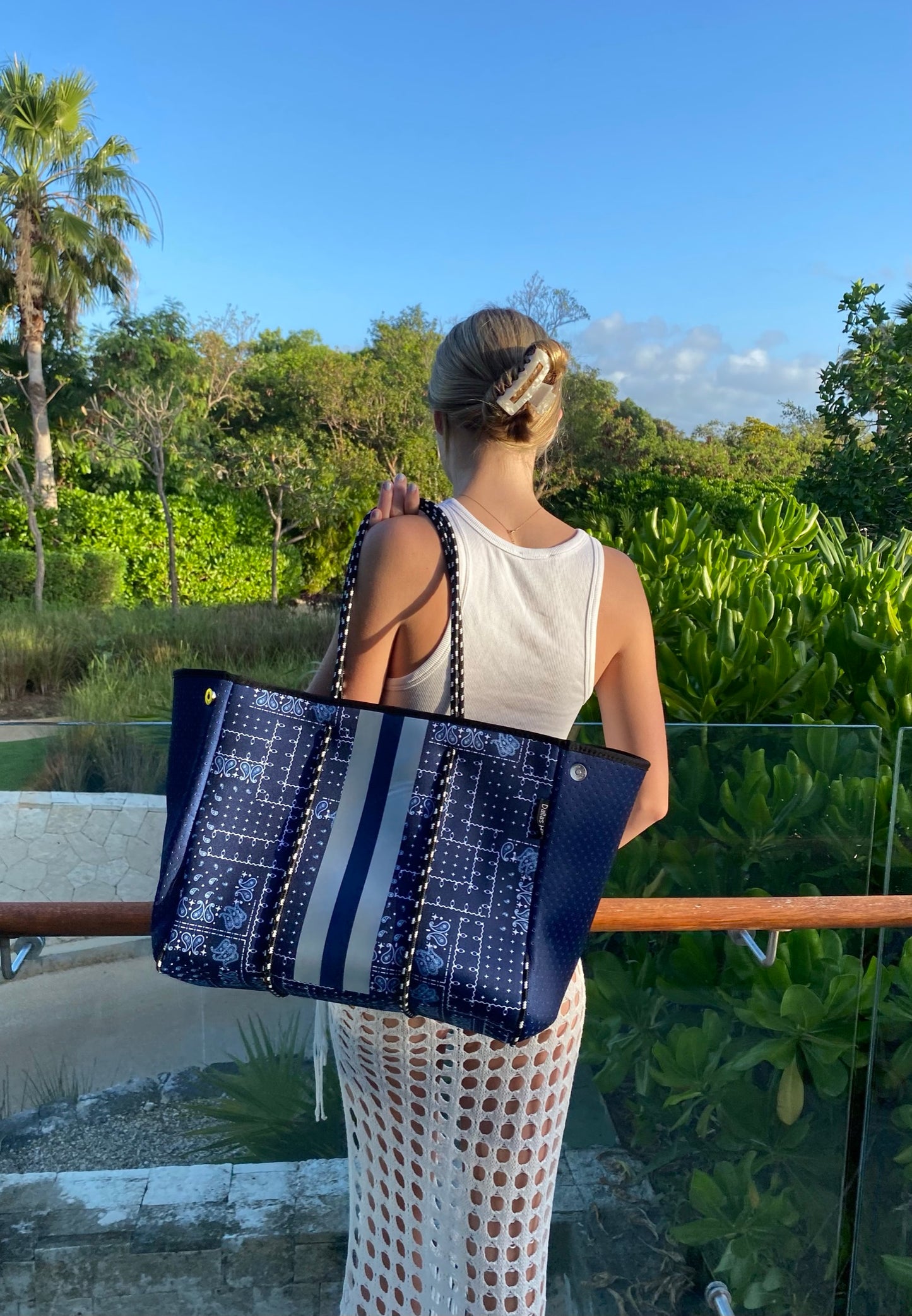 Neoprene Tote Bag Bandanna Blue by Dallas Hill Design