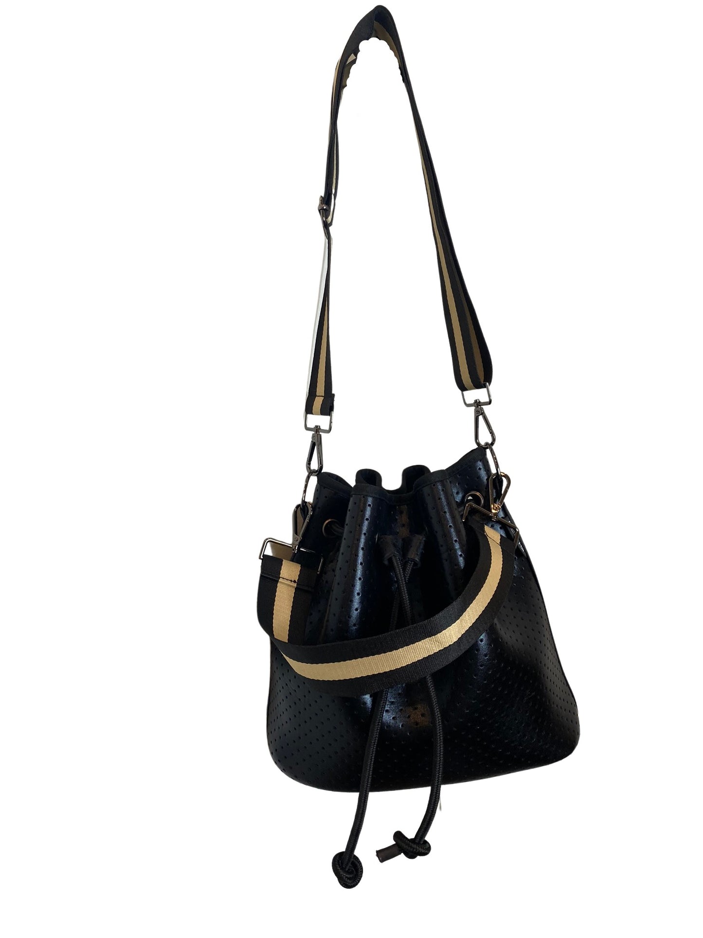 Crossbody Bucket Neoprene Purse Black with Two Gold & Black Straps & Extra Pouch