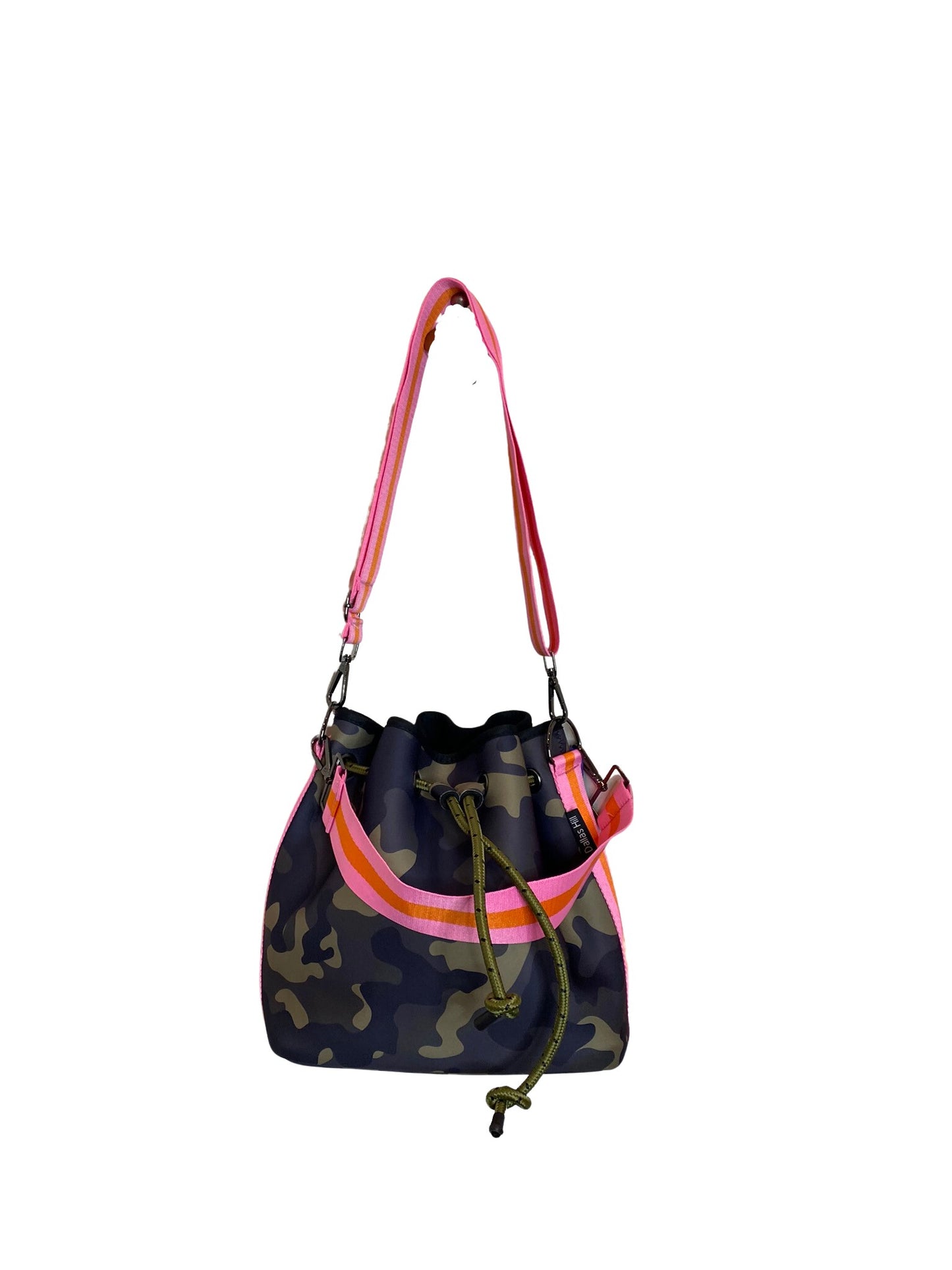 Crossbody Bucket Neoprene Purse Green Camo includes Two Straps & Extra Pouch
