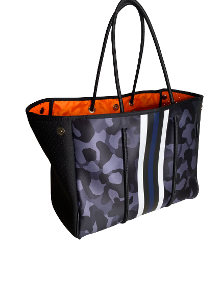 Neoprene Tote Bag Camo Black Navy Stripes by Dallas Hill Design
