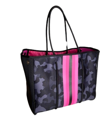 Neoprene Tote Bag Camo Black Pink Sripes by Dallas Hill Design