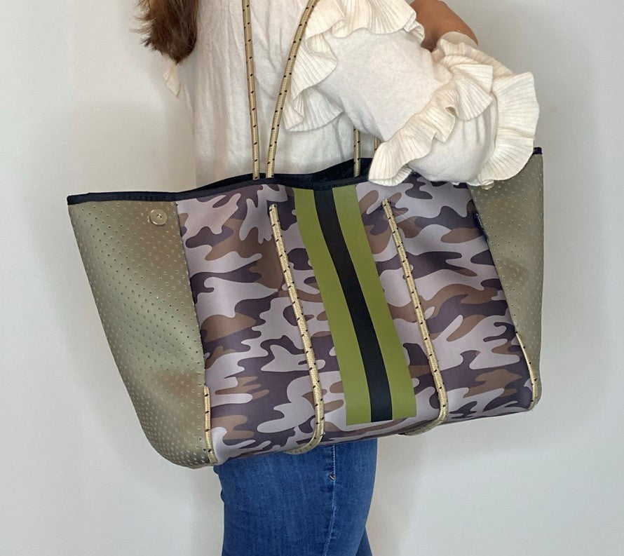 Neoprene Tote Bag Camo Green Utility by Dallas Hill Design