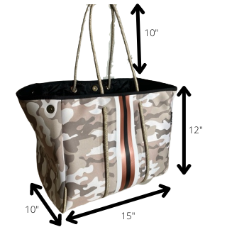 Neoprene Tote Bag Camo Tan Black & Rose Gold Sripes by Dallas Hill Design
