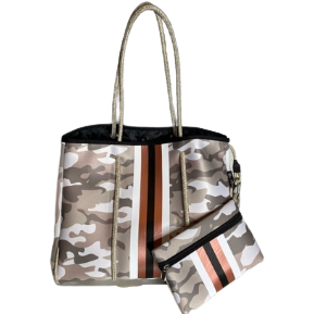 Neoprene Tote Bag Camo Tan Black & Rose Gold Sripes by Dallas Hill Design
