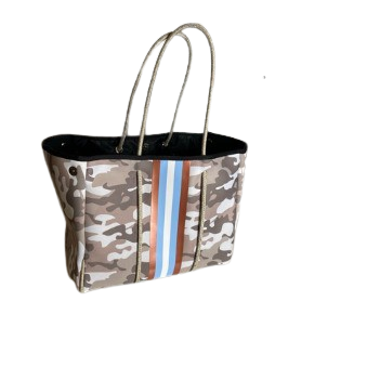 Neoprene Tote Bag Camo Tan Sky & Rose Gold Sripes by Dallas Hill Design
