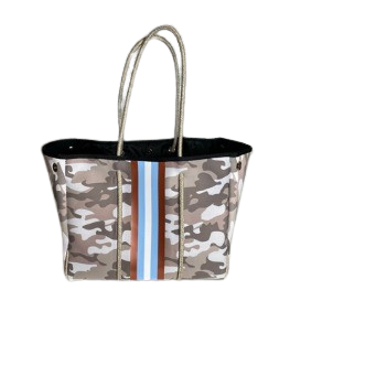 Neoprene Tote Bag Camo Tan Sky & Rose Gold Sripes by Dallas Hill Design