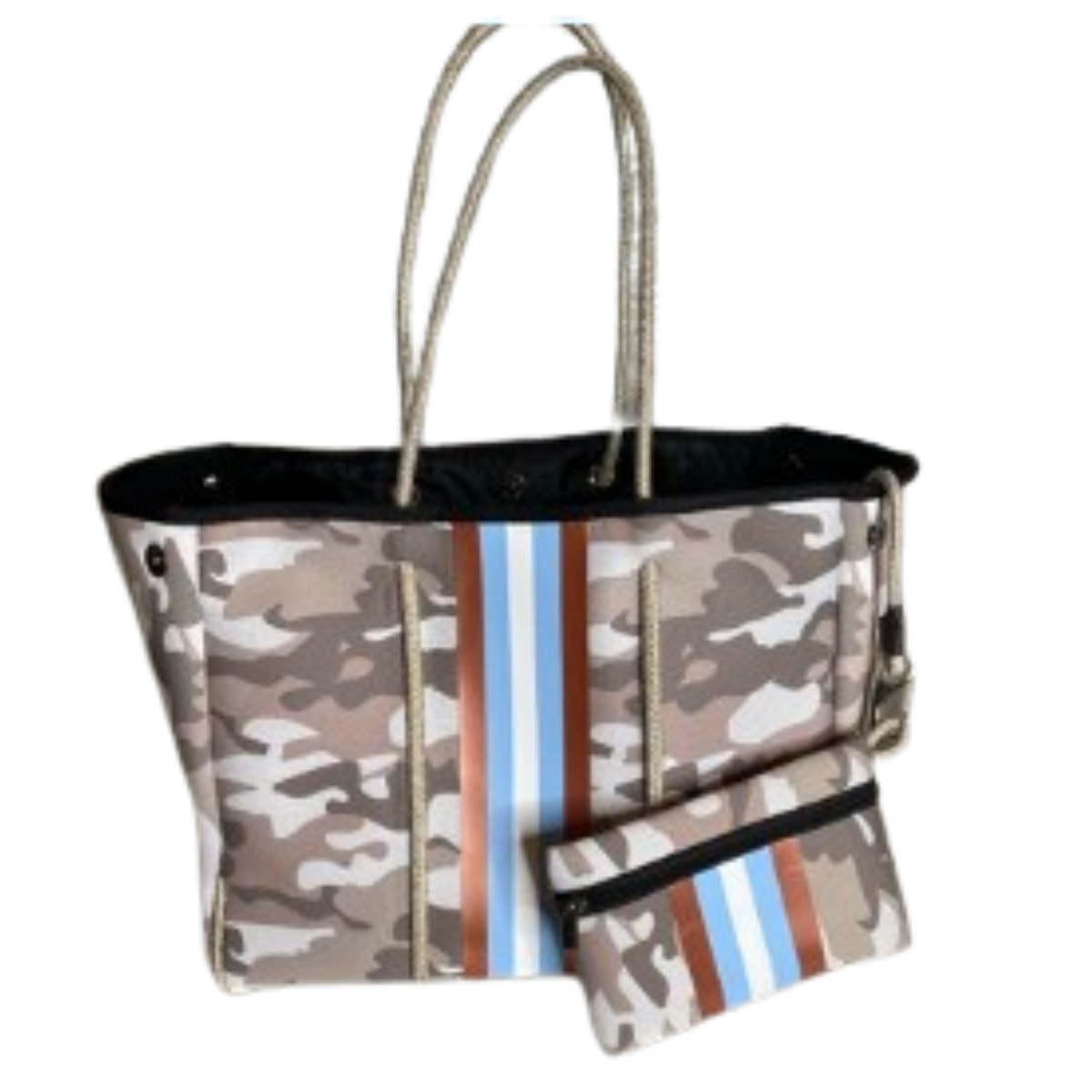 Neoprene Tote Bag Camo Tan Sky & Rose Gold Sripes by Dallas Hill Design