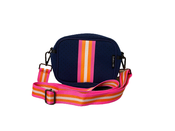 Crossbody Neoprene Purse Blue Pink Stripes by Dallas Hill Design