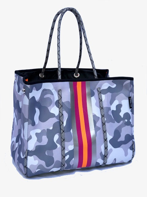 Neoprene Tote Bag Orange & Silver Pink Stripes by Dallas Hill Design