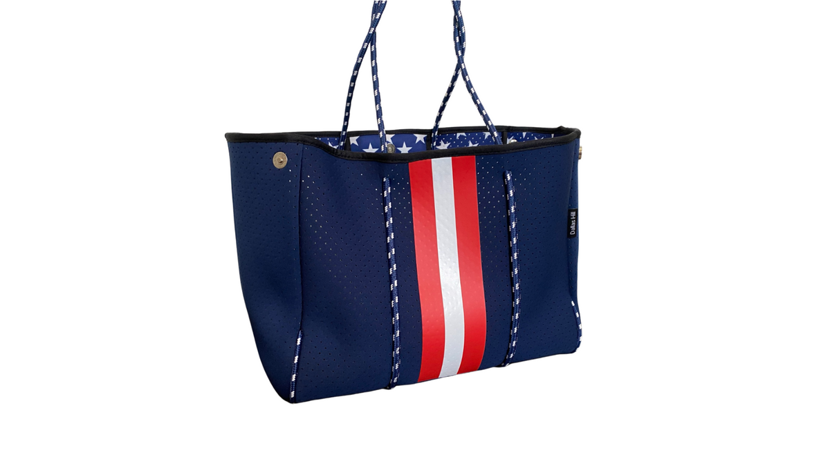 Neoprene Tote Bag Red White & Blue Interior Stars by Dallas Hill Design