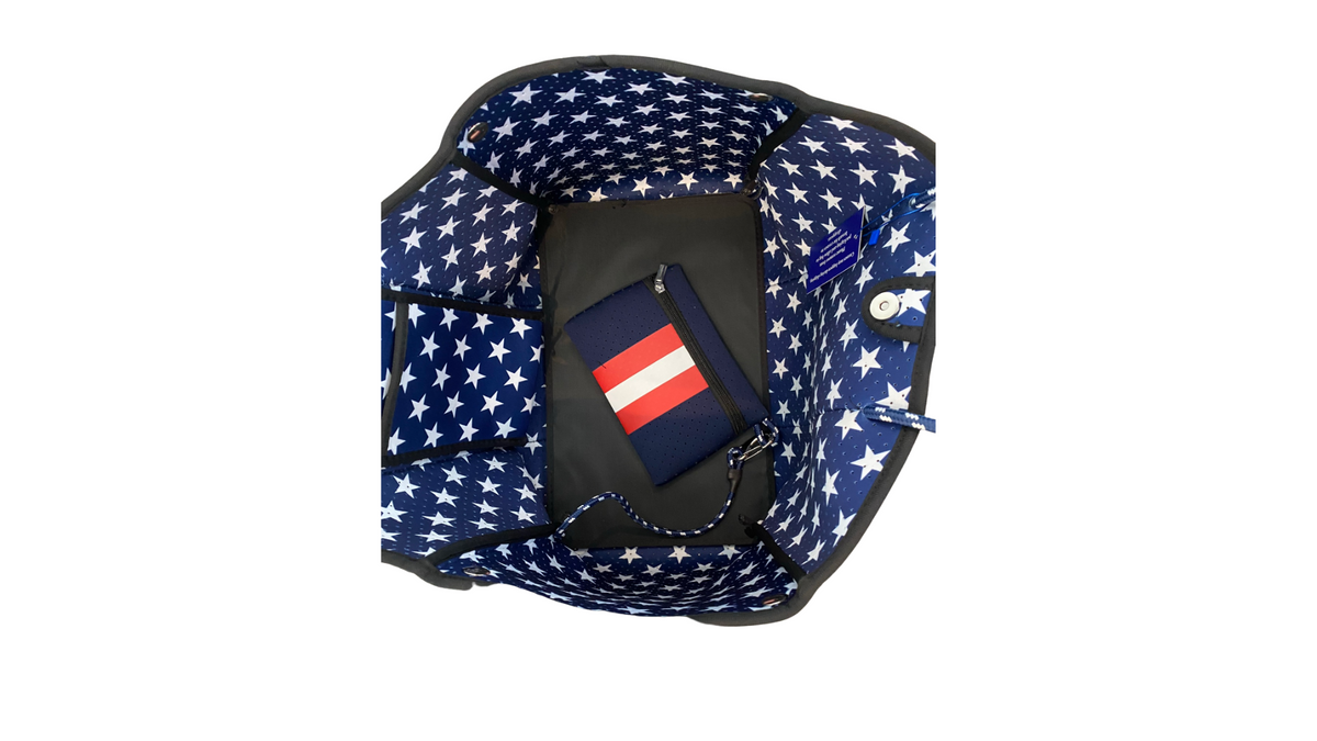 Neoprene Tote Bag Red White & Blue Interior Stars by Dallas Hill Design