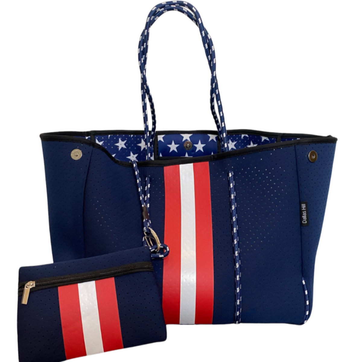 Neoprene Tote Bag Red White & Blue Interior Stars by Dallas Hill Design