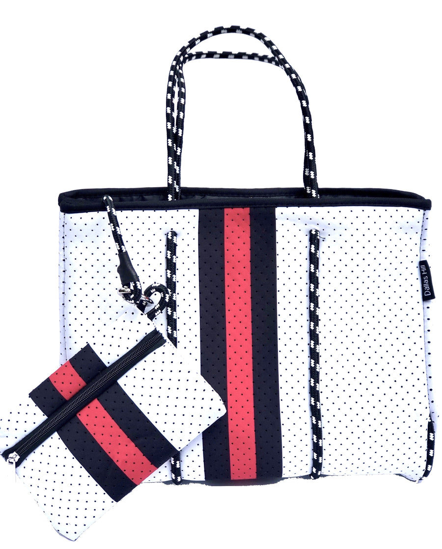 Neoprene Tote Bag by Dallas Hill Design White Bag Red & Black Stripes