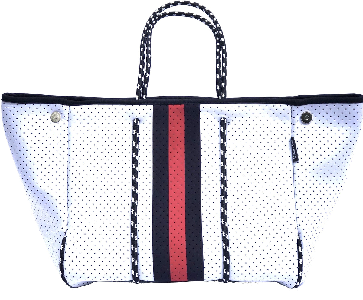 Neoprene Tote Bag by Dallas Hill Design White Bag Red & Black Stripes
