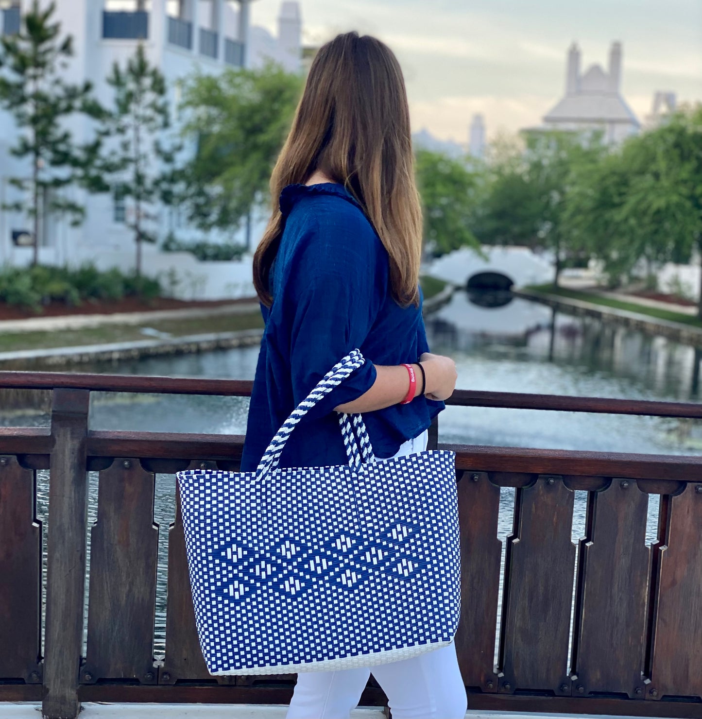 Woven Super Tote, Handwoven Recycled Plastic Tote, Woven Bag, Beach Bag, Summer Bag Navy & White
