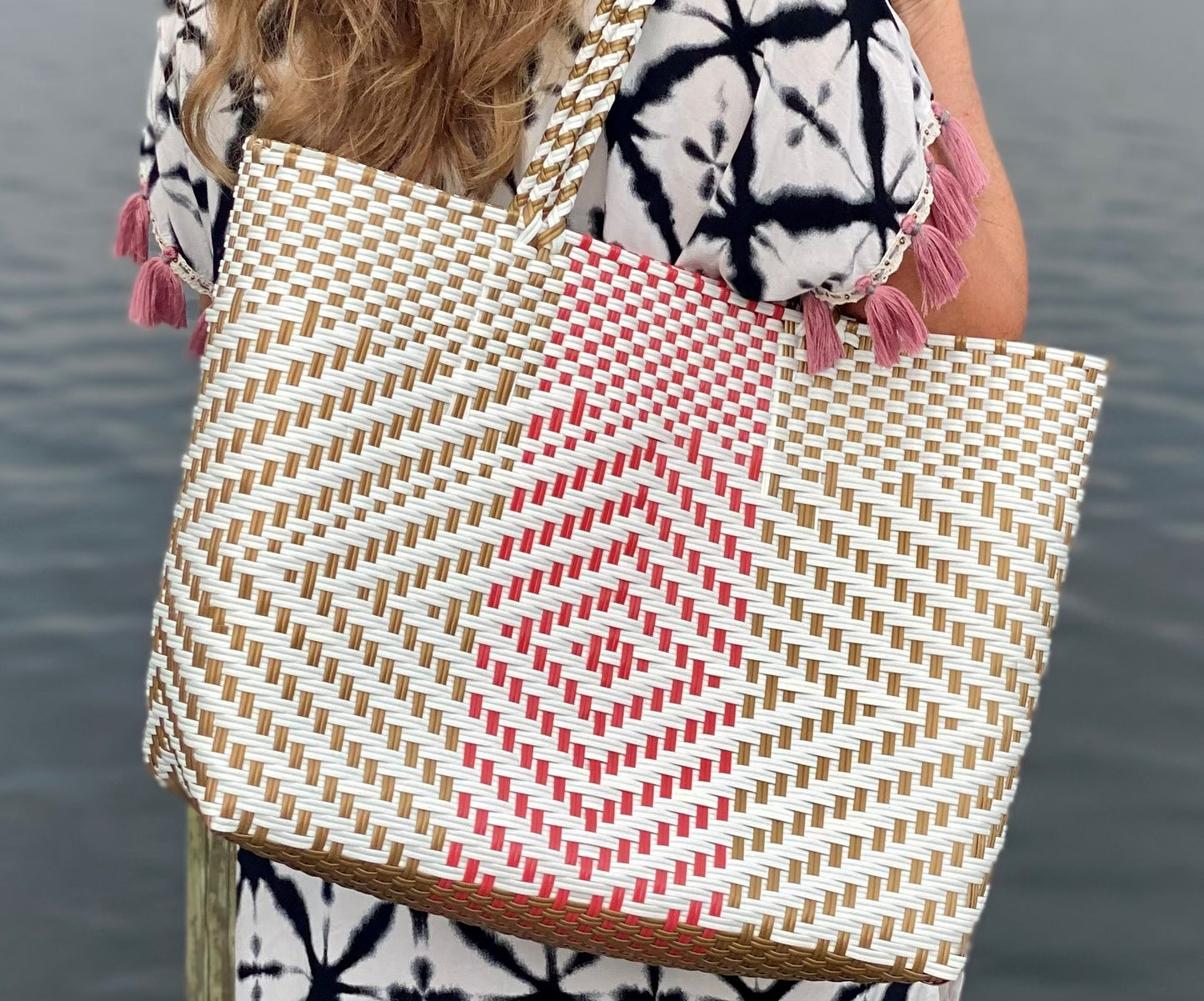 Woven Super Tote, Handwoven Recycled Plastic Tote, Woven Bag, Beach Bag, Summer Bag Pink White & Gold