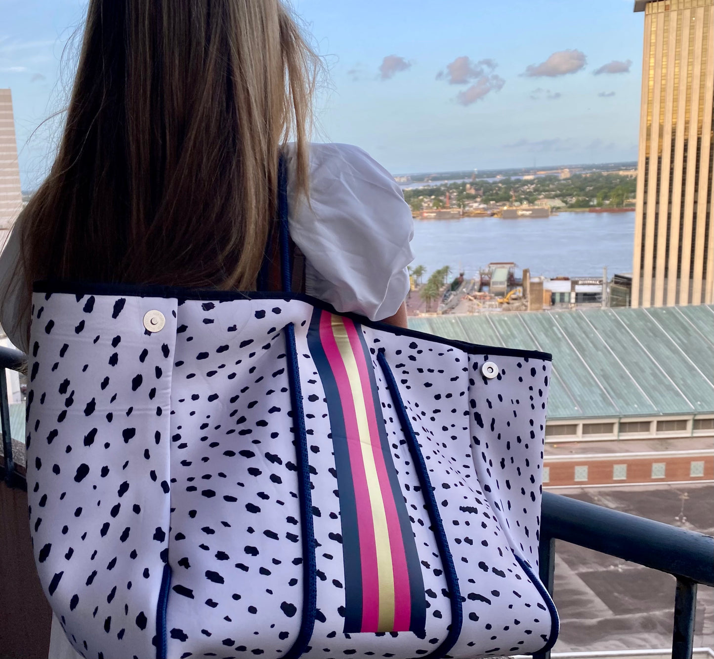 Neoprene Tote Bag Pearl Animal Dot Pink/Blue Stripes by Dallas Hill Design