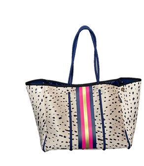 Neoprene Tote Bag Pearl Animal Dot Pink/Blue Stripes by Dallas Hill Design