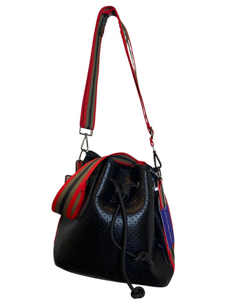 Crossbody Bucket Neoprene Purse Black with Two Red Straps & Extra Pouch