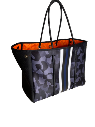 Neoprene Tote Bag Camo Black Navy Stripes by Dallas Hill Design