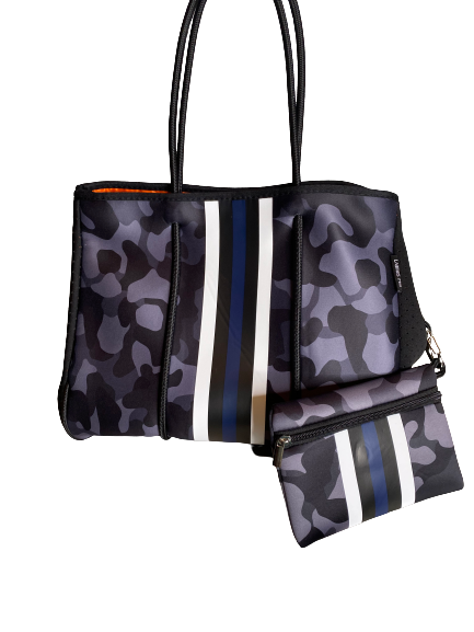 Neoprene Tote Bag Camo Black Navy Stripes by Dallas Hill Design