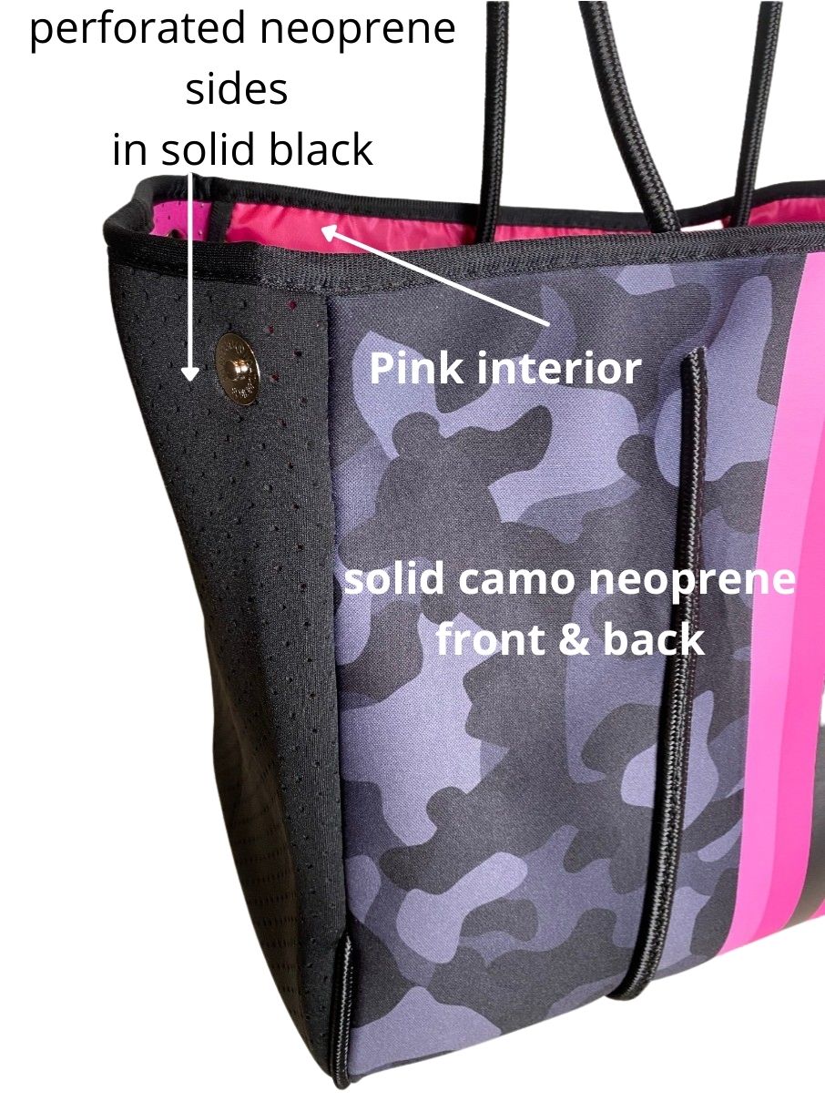 Neoprene Tote Bag Camo Black Pink Sripes by Dallas Hill Design