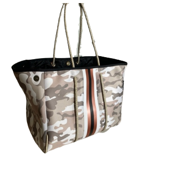 Neoprene Tote Bag Camo Tan Black & Rose Gold Sripes by Dallas Hill Design