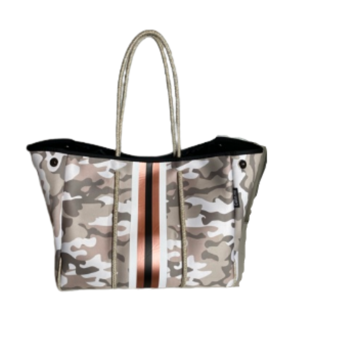 Neoprene Tote Bag Camo Tan Black & Rose Gold Sripes by Dallas Hill Design