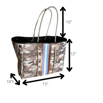 Neoprene Tote Bag Camo Tan Sky & Rose Gold Sripes by Dallas Hill Design