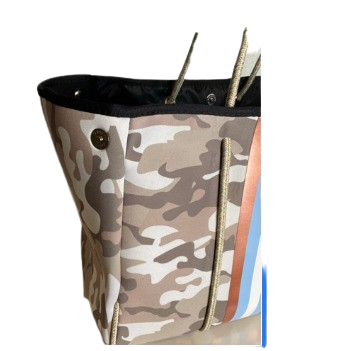 Neoprene Tote Bag Camo Tan Sky & Rose Gold Sripes by Dallas Hill Design