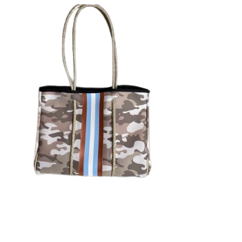 Neoprene Tote Bag Camo Tan Sky & Rose Gold Sripes by Dallas Hill Design
