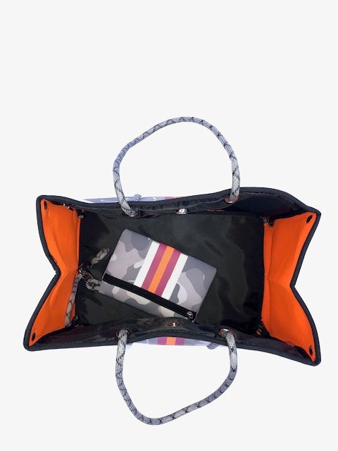 Neoprene Tote Bag Orange & Silver Pink Stripes by Dallas Hill Design