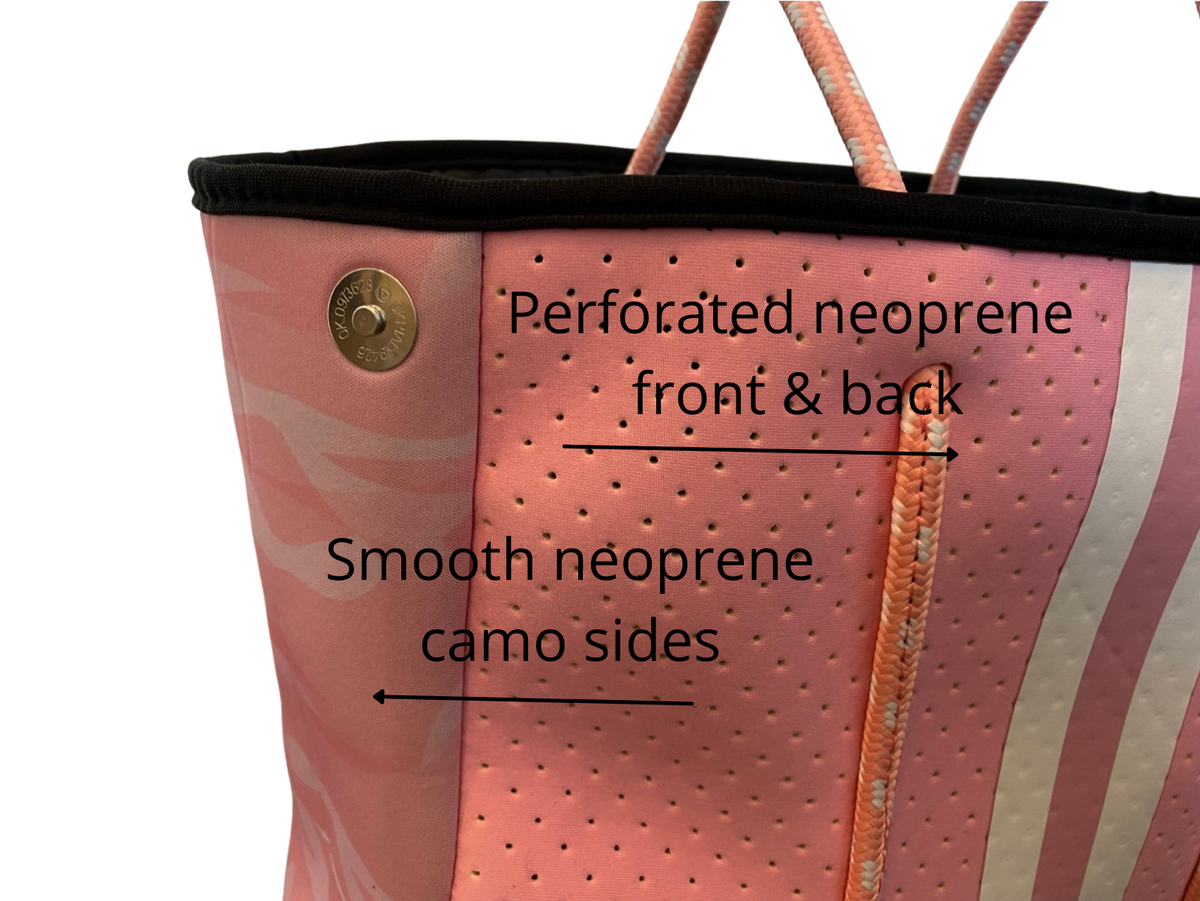 Neoprene Tote Bag Kids & Tween Sized Pink & Camo sides by Dallas Hill Design