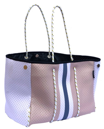 Neoprene Tote Bag Taupe Gray Stripes by Dallas Hill Design