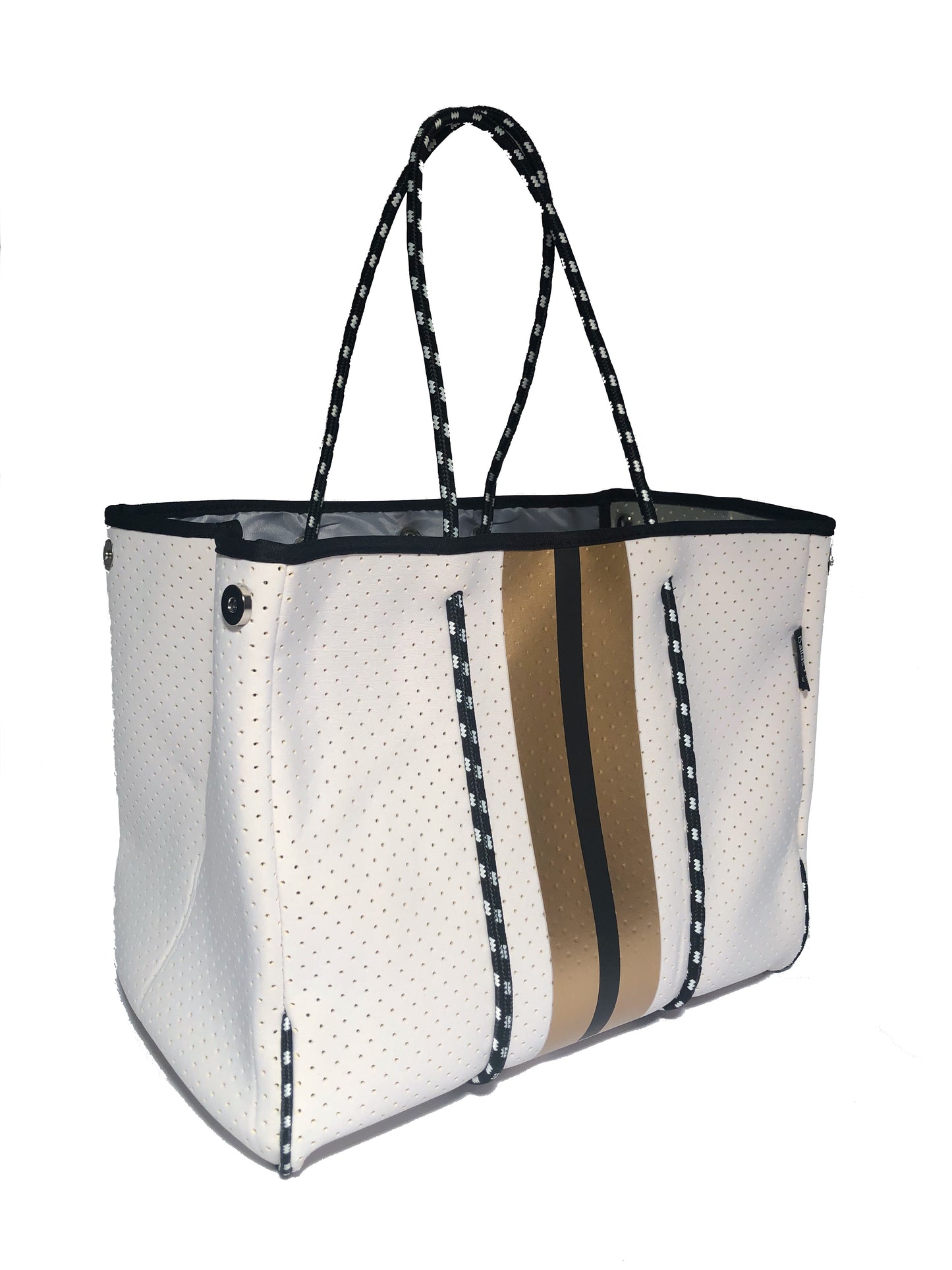 Neoprene Tote Bag White Black Gold Sripes by Dallas Hill Design