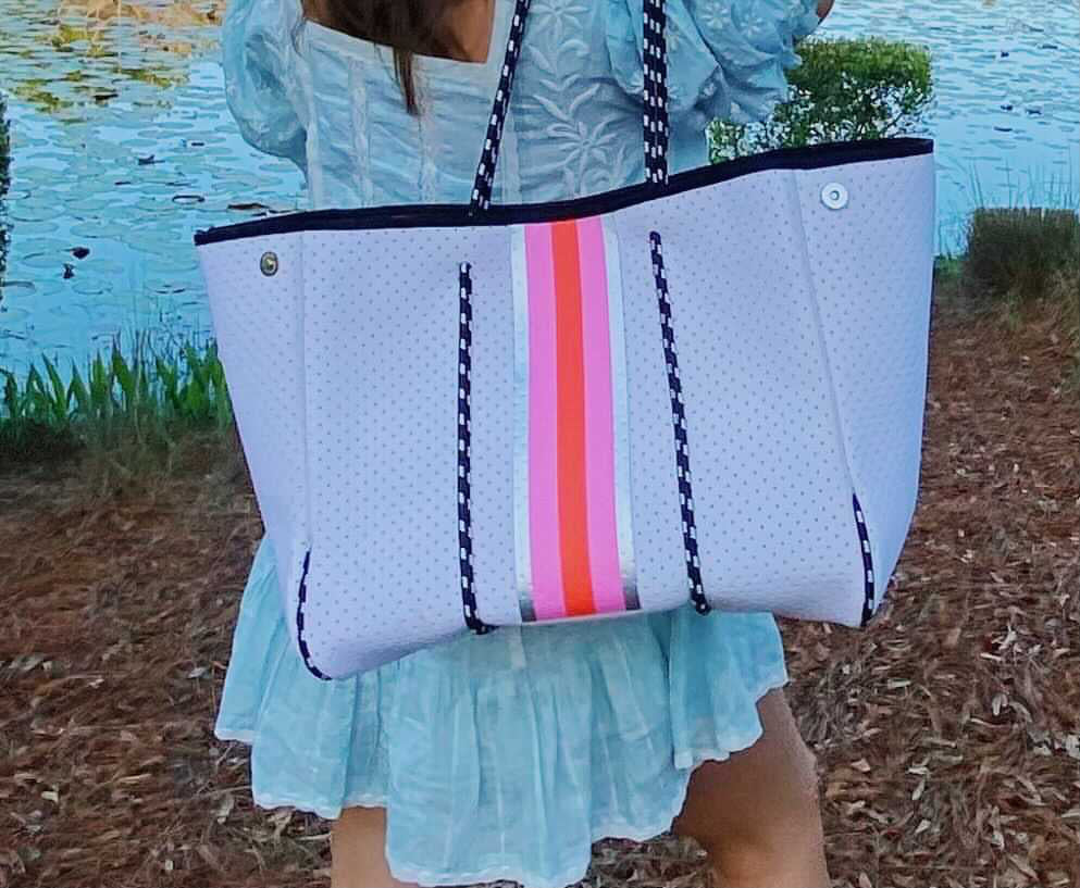 Neoprene Tote Bag White Pink Stripes by Dallas Hill Design