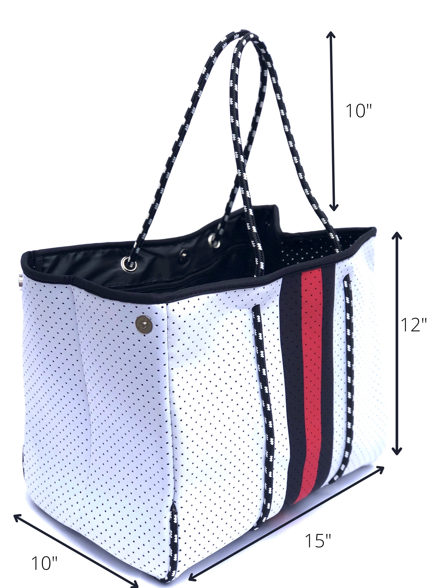 Neoprene Tote Bag by Dallas Hill Design White Bag Red & Black Stripes