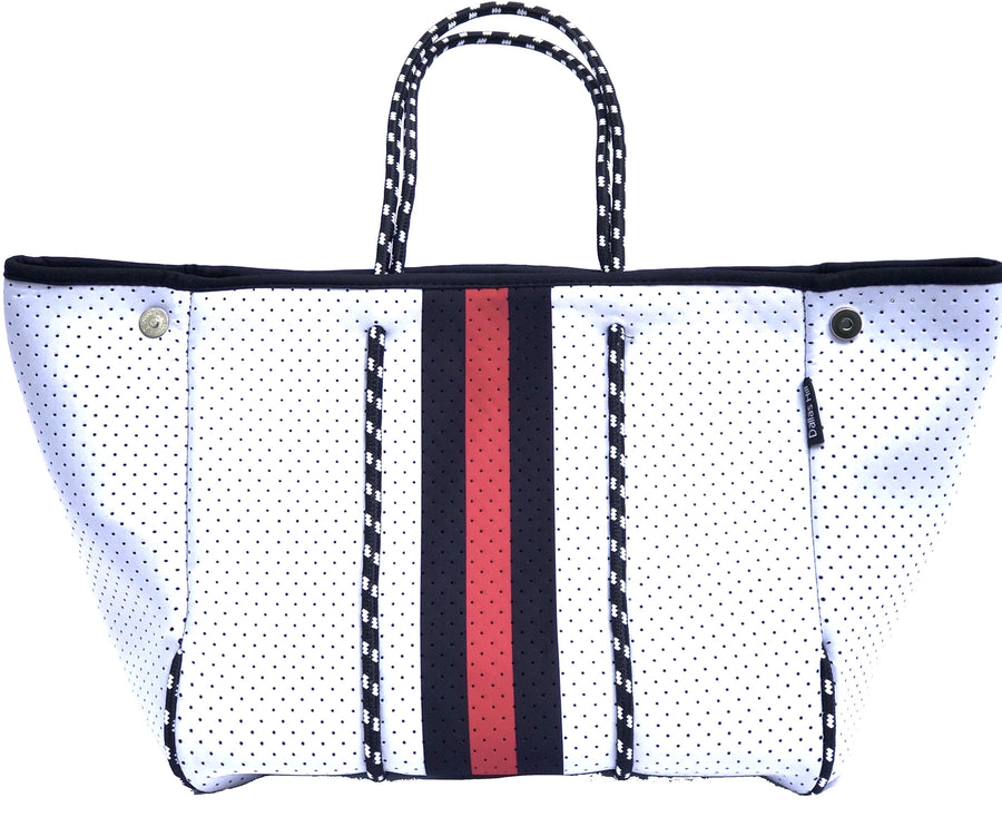 Neoprene Tote Bag by Dallas Hill Design White Bag Red & Black Stripes