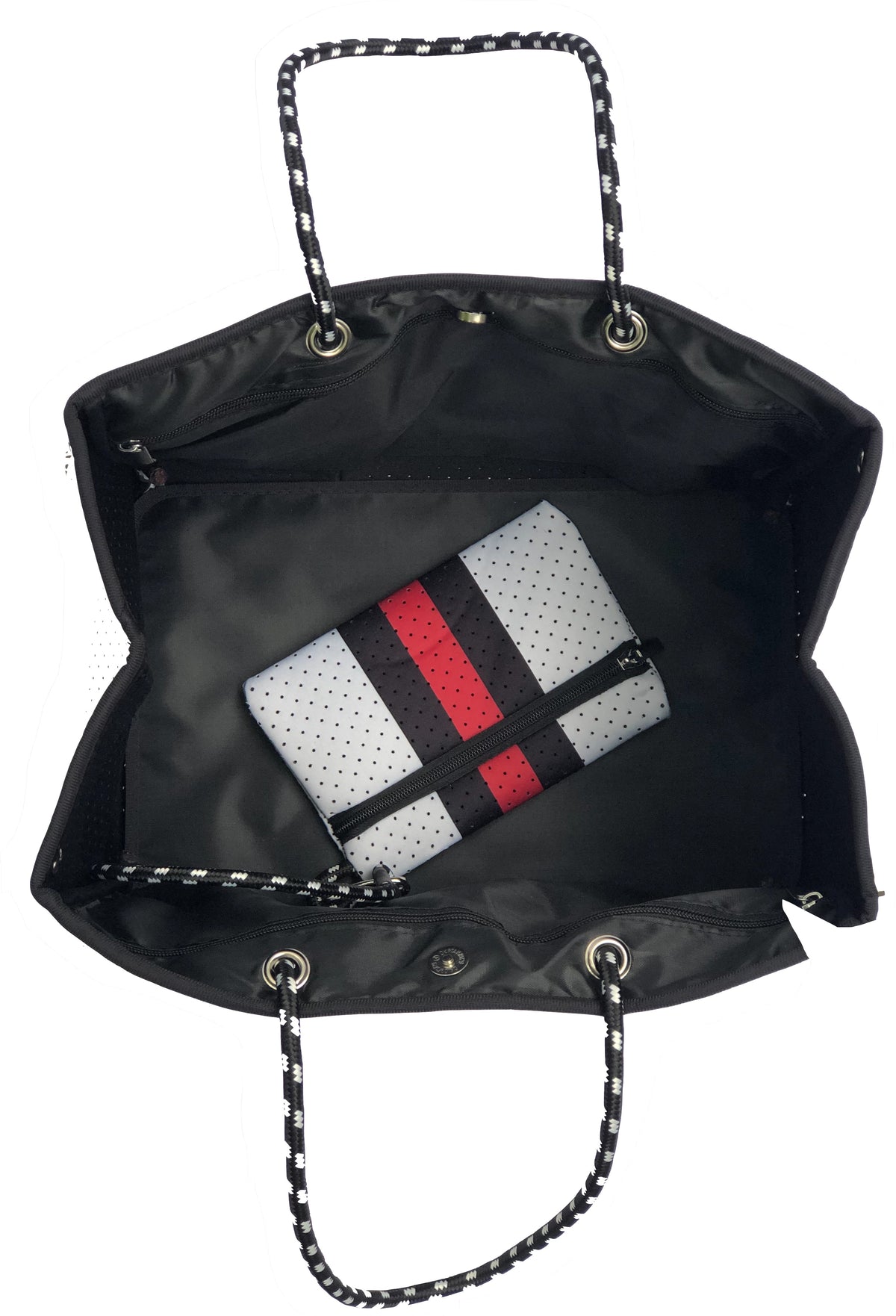 Neoprene Tote Bag by Dallas Hill Design White Bag Red & Black Stripes