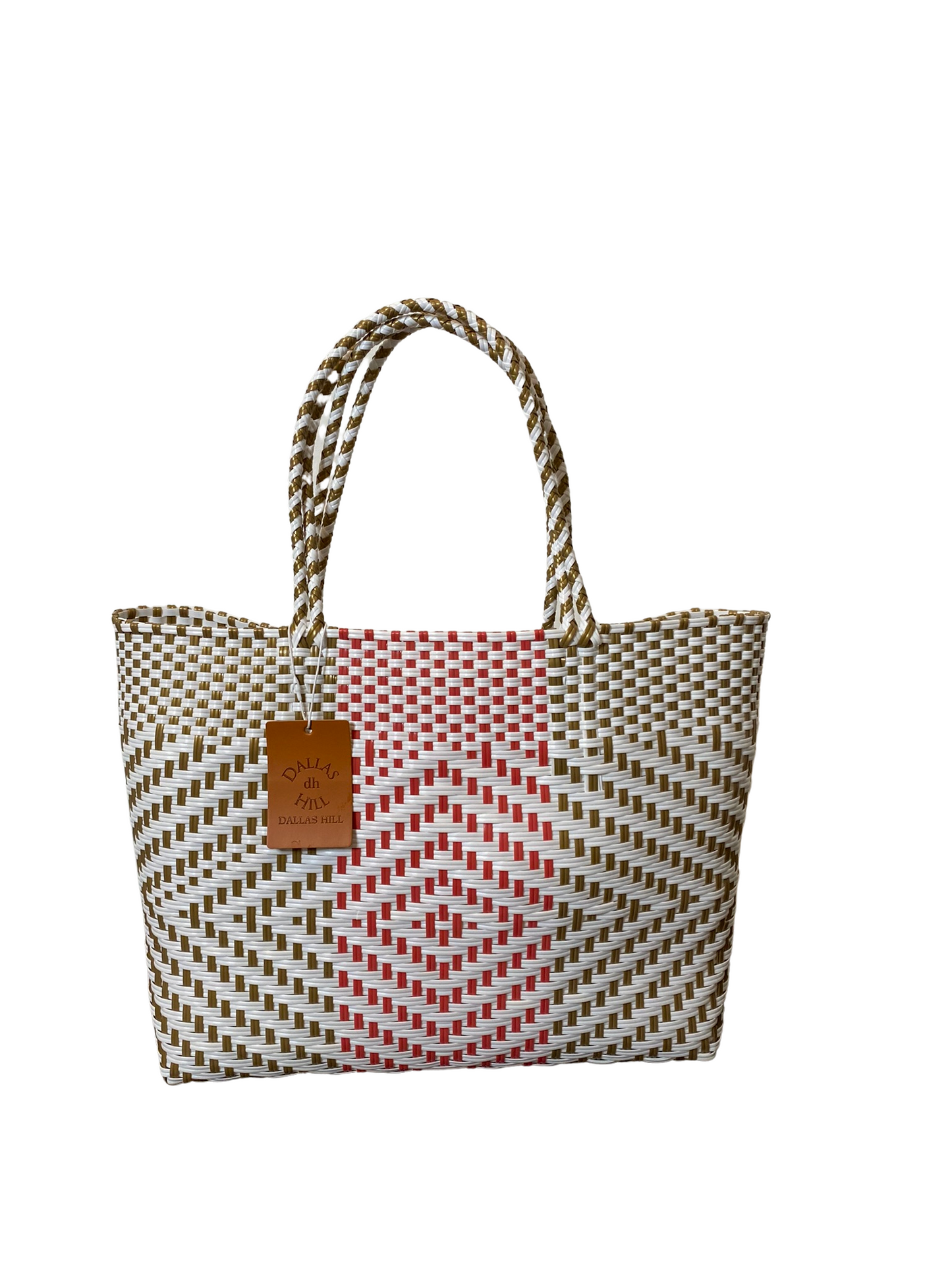 Woven Super Tote, Handwoven Recycled Plastic Tote, Woven Bag, Beach Bag, Summer Bag Pink White & Gold