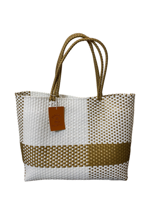 Woven Super Tote, Handwoven Recycled Plastic Tote, Woven Bag, Beach Bag, Summer Bag White & Gold