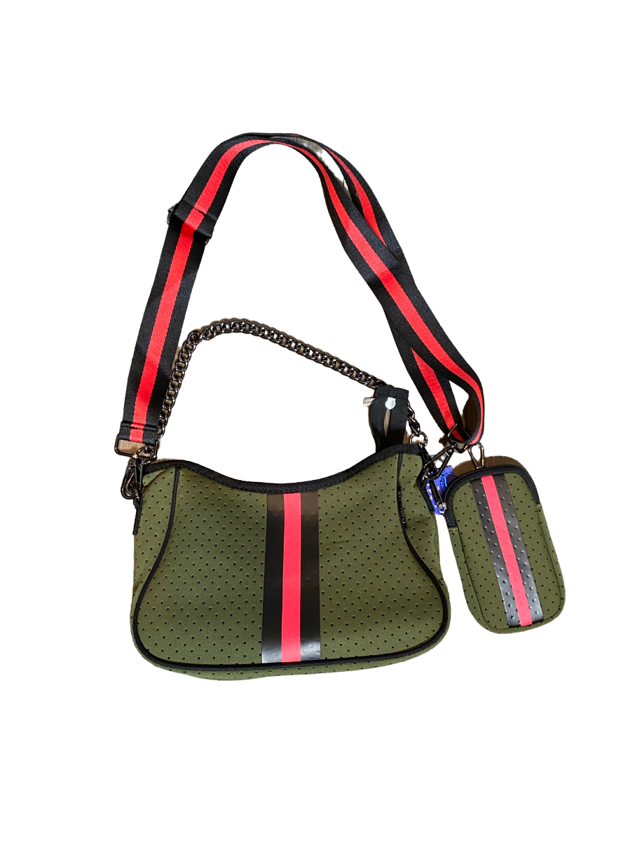 Crossbody Neoprene Purse Army Green with Chain & Adjustable/Removable Strap & Extra Pouch