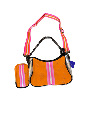 Crossbody Neoprene Purse Orange Pink Stripes with Chain & Adjustable/Removable Strap & Extra Pouch