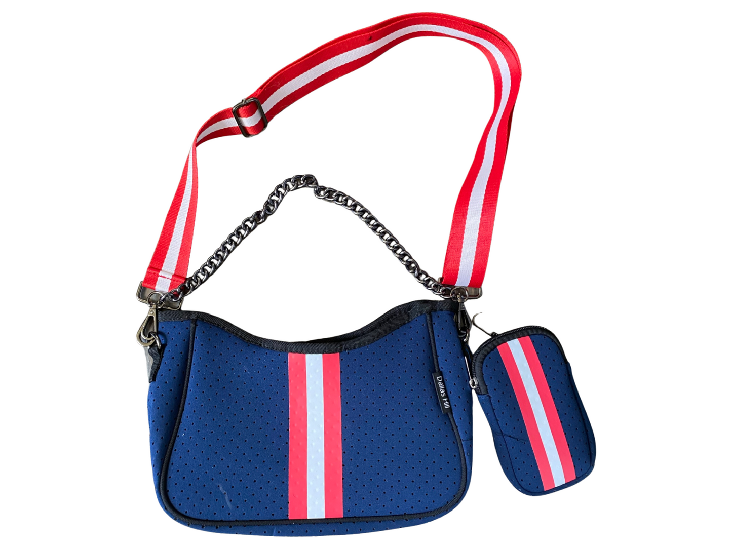 Crossbody Neoprene Purse Red White & Blue stars inside with Chain & Adjustable/Removable Strap & Extra Pouch